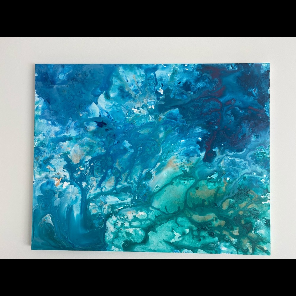 Abstract blues and greens painting/fluid art/ home decor/ shades of blues